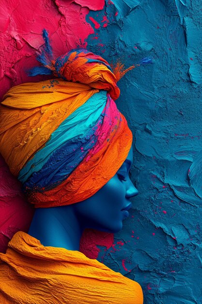 une invitation 3D avec un turban Holi stylisé en couleurs vives à un coin