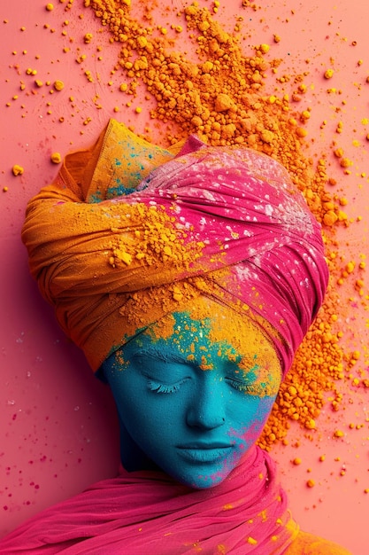 une invitation 3D avec un turban Holi stylisé en couleurs vives à un coin