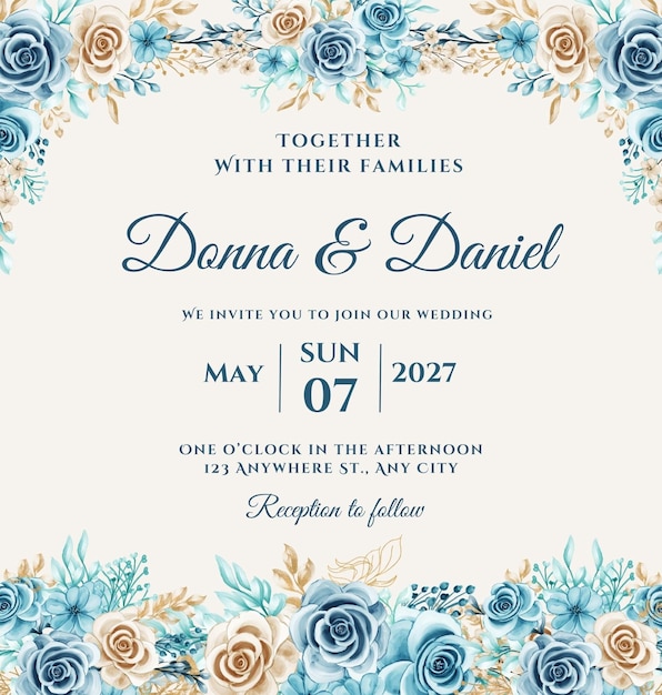 Photo une invitation bleue et blanche pour un mariage avec des fleurs et du texte