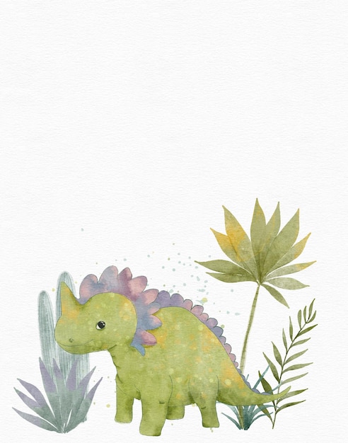 invitation à une fête pour enfants avec des dinosaures mignons à l'aquarelle dans la jungle