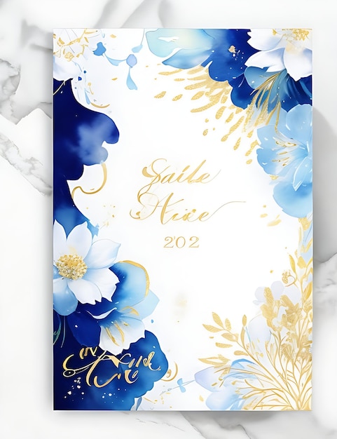 Photo invitation florale céleste d'or et de bleu