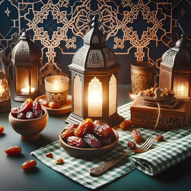 Invitation à l'iftar du mois sacré du Ramadan avec lanterne et dates