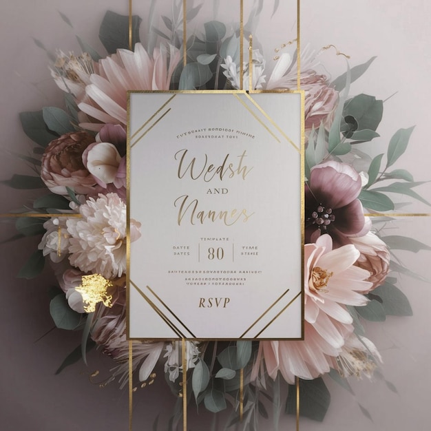 une invitation de mariage avec un cadre floral et un ruban d'or