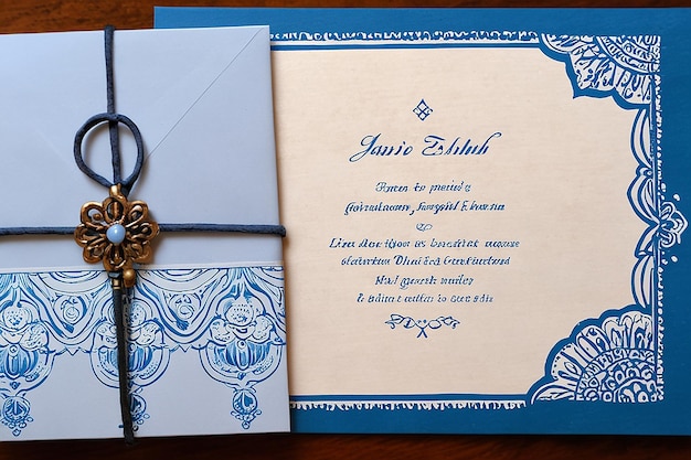 Invitation de mariage à l'henne Fassi bleu chic Élégance marocaine