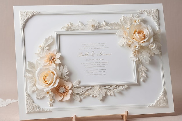 Photo invitation de mariage ou d'invitation à la douche de mariée cadre en bois blanc décoré de fleurs espace vide pour un texte