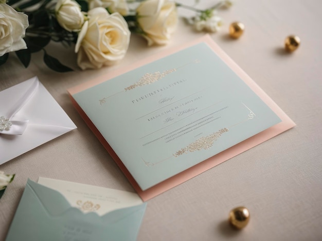 une invitation de mariage avec une rose blanche et un nœud doré