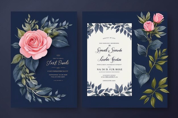 Invitation de mariage avec des roses et des feuilles bleu marine