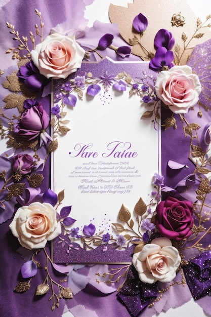 Invitation en or enchanté et brillante rose avec un espace vide pour écrire à l'arrière-plan blanc