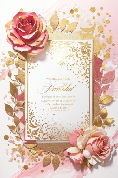 Invitation en or enchanté et brillante rose avec un espace vide pour écrire à l'arrière-plan blanc