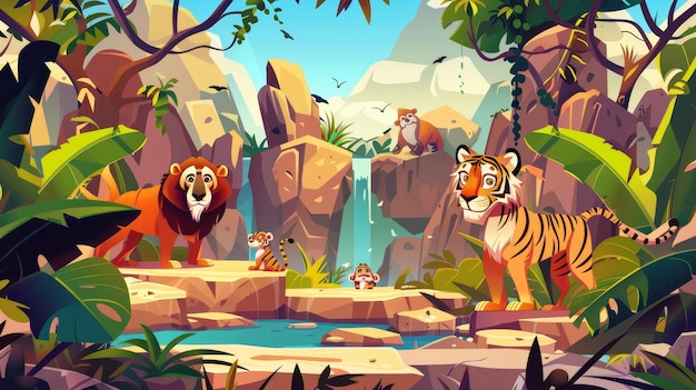 Une invitation à un safari dans un parc national avec des animaux sauvages Tigers hyènes singes dans la jungle Une affiche web moderne pour réserver des billets de safari