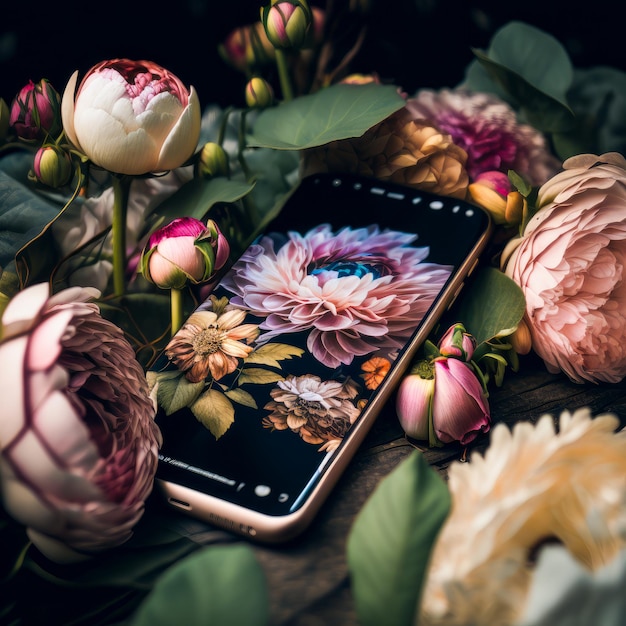 Un iphone posé sur un bouquet de fleurs AI générative