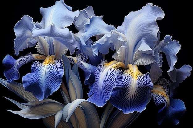 Un iris bleu aux pétales jaunes et blancs.