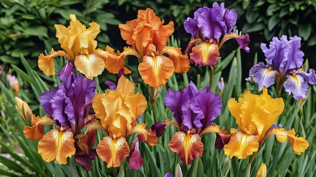 Photo des iris de couleurs vives fleurissant dans le jardin peints à l'huile