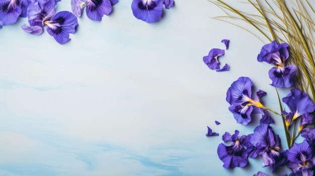 Photo iris indigo un appartement floral romantique posé sur une surface bleue
