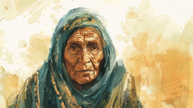 Iris a peint une femme âgée enveloppée dans un foulard montrant des rides délicates