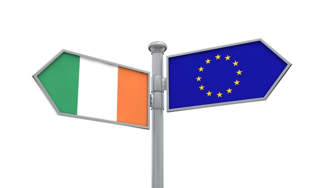 L'Irlande et le poteau indicateur de l'Union européenne se déplaçant dans différentes directions le rendu 3D