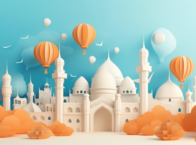 Islamique Eid Mubarak fond Ramadan Kareem mosquée lune lanterne Style d'art papier Ai généré