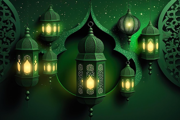 Islamique ramadan mubarak célébration lanterne lumière fond uni ai généré