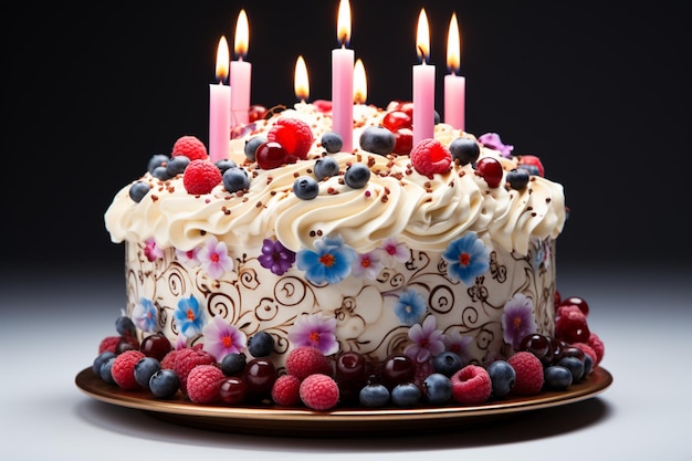 Isolé sur blanc gâteau multicolore tentant avec des bougies allumées un délice festif