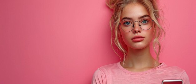 Photo isolée sur fond rose, une jeune femme caucasienne parle sur son téléphone de nouvelles choquantes tout en détournant son regard