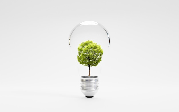 Isoler l'arbre vert à l'intérieur de l'ampoule sur fond blanc pour l'économie d'énergie et le concept d'environnement par rendu 3d.