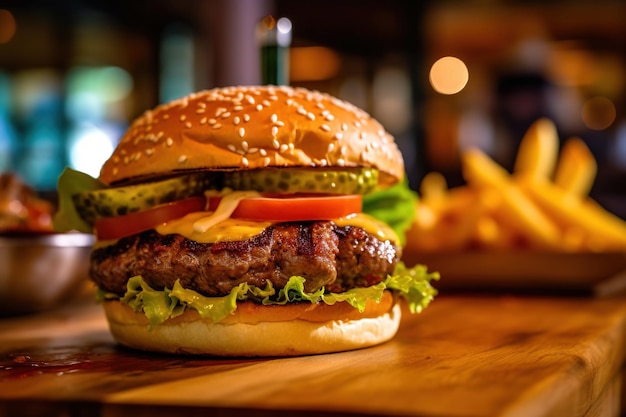 Isoler le burger avec des frites à l'arrière sur une assiette en bois