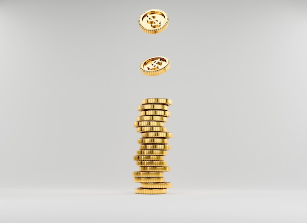 Isoler les pièces en dollars américains tombant en pièces d'or empilées sur fond blanc pour l'investissement et le concept de dépôt d'épargne bancaire par rendu 3d.