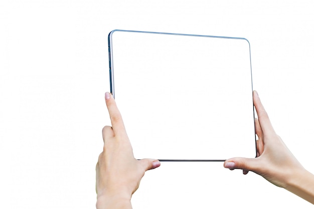 Isoler la tablette en mains féminines - gros plan, sur un fond blanc.