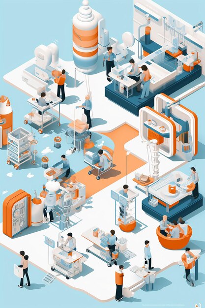 Isométrique miniature monde ingénieurs biomédicaux et informaticiens collaboration avec des médecins dans