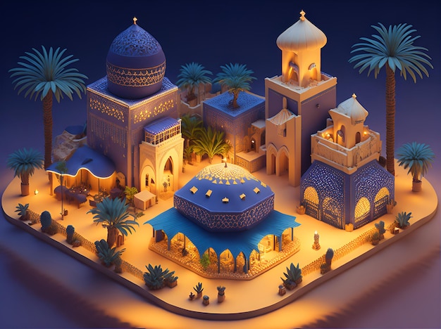 Isométrique des villages et des villes arabes pour l'illustration de fond de la fête musulmane