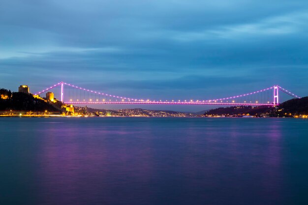 Istanbul Turquie 10 janvier 2015 vue sur le pont Fatih Sultan Mehmet relie l'Asie et l'Europe pendant le coucher du soleil image d'exposition lonx