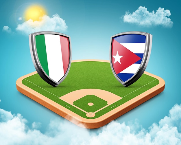 L'Italie contre Cuba Versus screen field stadium Baseball stadium Sky clouds sun 3d illustration
