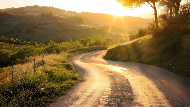 Photo italie route de campagne de la toscane dans la vallée de la cecina au coucher du soleil ia générative