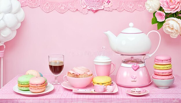 J'aime les jouets roses et une tasse de café sur une nappe rose.