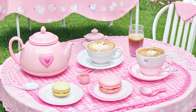 J'aime les jouets roses et une tasse de café sur une nappe rose.