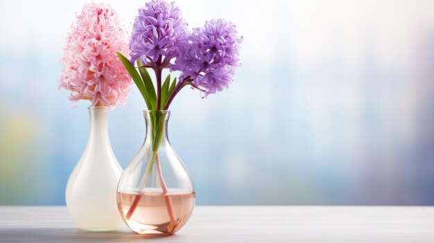 Jacinthes colorées en fleurs dans un vase debout sur le côté fond vide dans un charme vintage