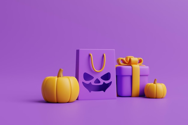 Jack o Lantern boîte à cadeaux de citrouilles et sac d'achat sur fond violet Joyeux Halloween rendu 3D