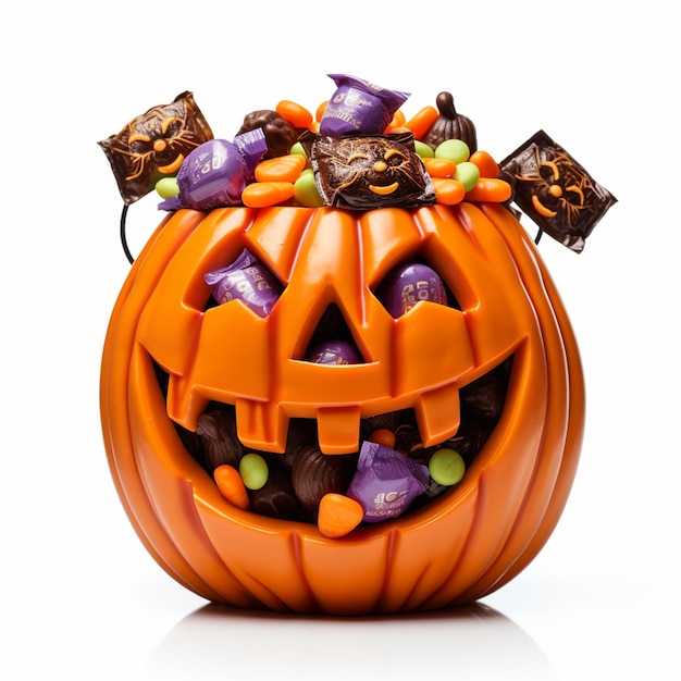 Jack o Lantern collectionneur de bonbons d'Halloween rempli de bonbuns spéciaux d'Helloween sur blanc