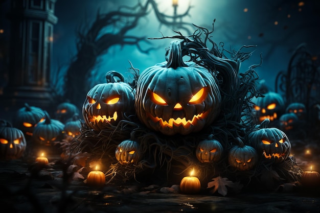 Jack o lanterne citrouilles et bougies dans une forêt brumeuse effrayante concept d'Halloween