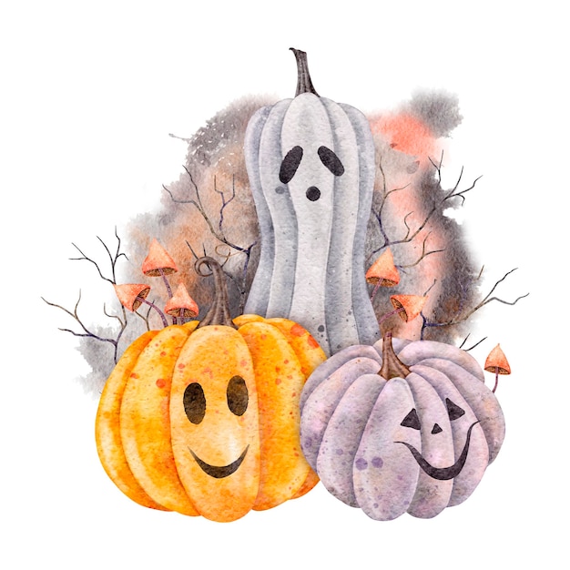 Jack o lanterne effrayant avec des coups de peinture et des éclaboussures pour la fête d'Halloween carte d'aquarelle de trois