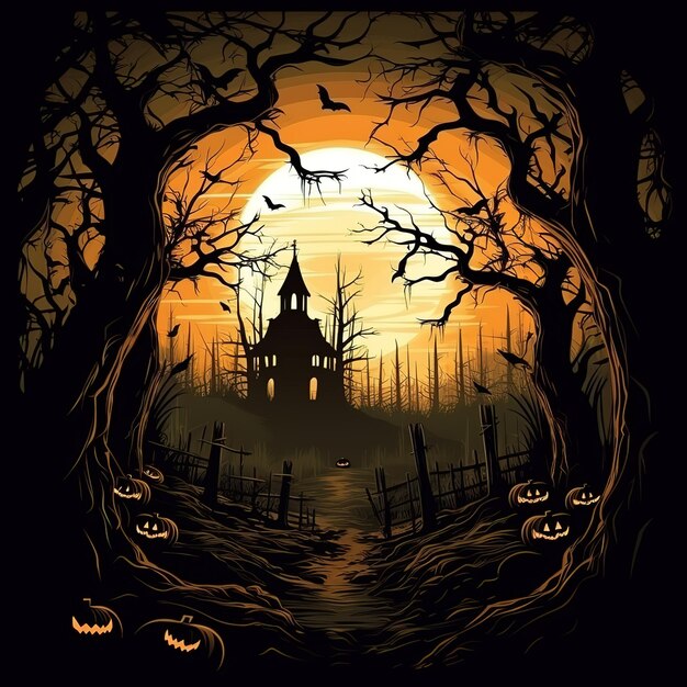 Jack O Lanterns dans une forêt effrayante au clair de lune Citrouilles d'Halloween dans le cimetière dans la nuit effrayante