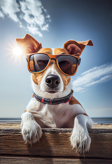 Photo jack russel terrier avec des lunettes de soleil de mode voyageant à la plage, photographie, photoréaliste