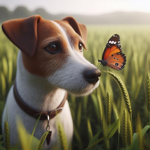 Un Jack Russell Terrier avec un papillon sur un champ vert