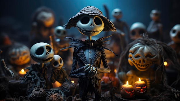 Jack Skellington capturé énigmatiquement à travers un objectif de 50 mm dans le voile d'une enveloppe de brouillard froid