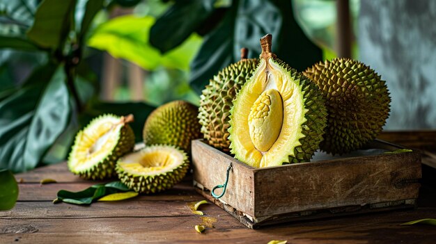 Photo des jackfruits tropicaux frais dans une boîte sur une table en bois