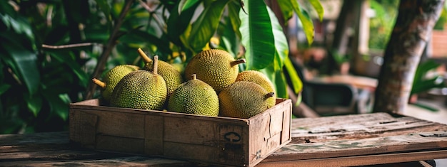 Photo des jackfruits tropicaux frais dans une boîte sur une table en bois