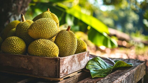 Photo des jackfruits tropicaux frais dans une boîte sur une table en bois