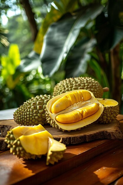 Photo des jackfruits tropicaux frais dans une boîte sur une table en bois