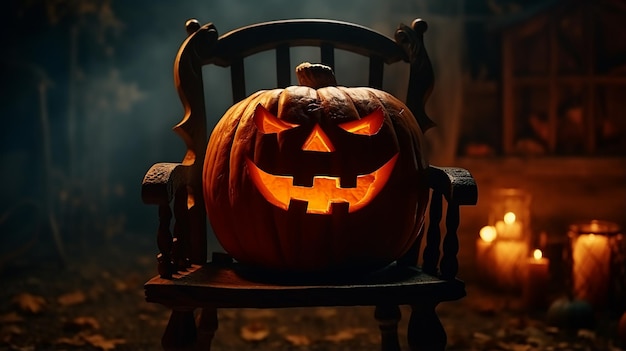 Photo jacko'lantern pumpkin sur une chaise décor effrayant