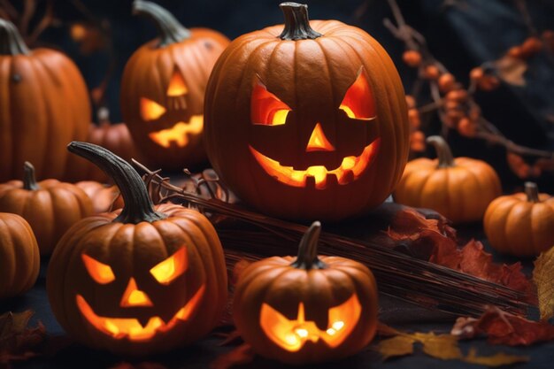 Jacko'Lanterns et décorations de citrouilles éclatantes d'Halloween